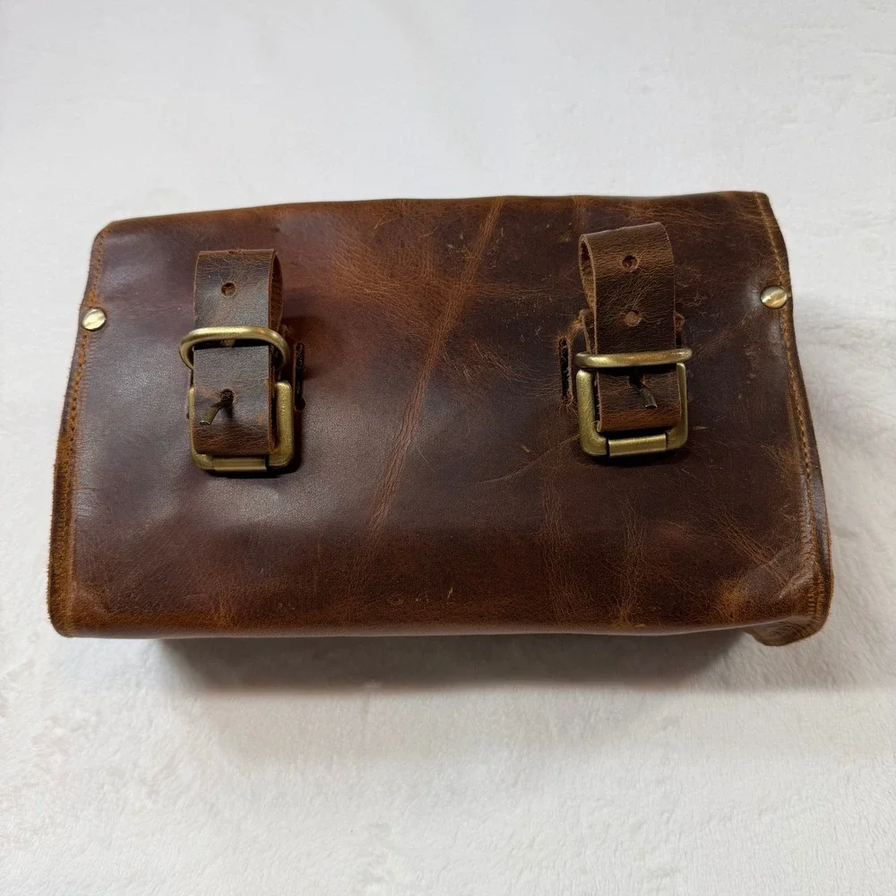 Unbranded Leather Handlebar Tool Bag Brown Good Distressed Buckle Moto Accessory